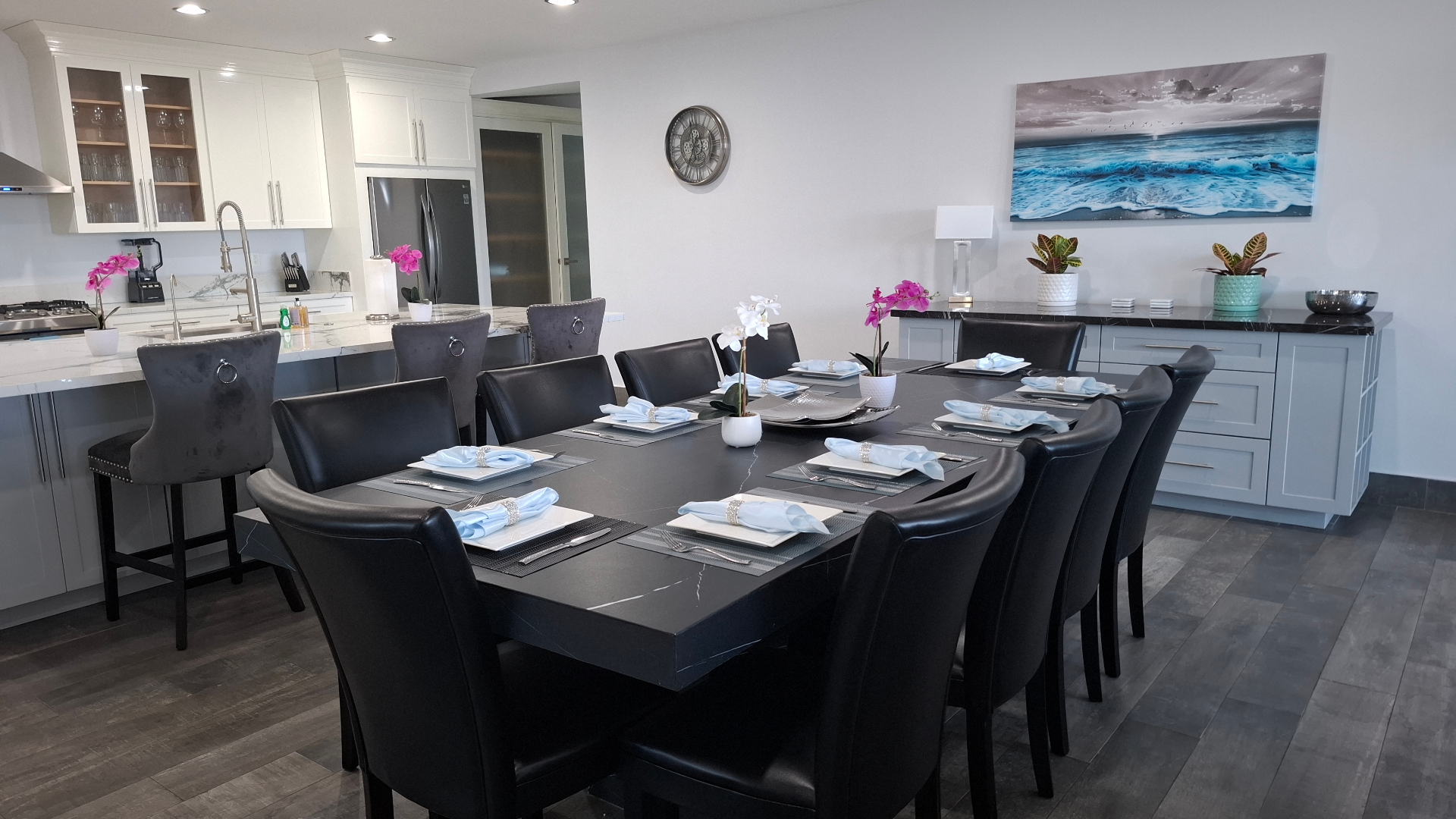 Custom Italian porcelain dining table with leather seating for ten